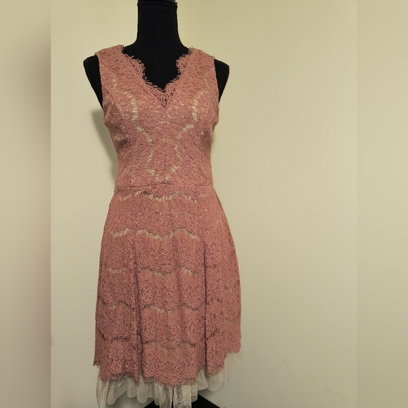 Francesca's V-Neck Low Back Dusty Rose Pink Lace Tulle Dress Size Small - Picture 5 of 16